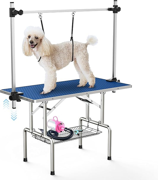 Lyromix 46''Large Dog Grooming Table, Adjustable Cat Drying Desktop with Arms, Nooses, Mesh Tray, Foldable Pet Station at Home, Maximum Capacity Up to 330Lb, 46inch, Blue