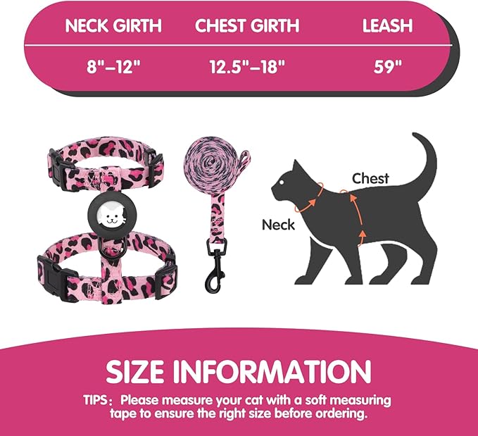 BINGPET Cat Harness and Leash Set Escape Proof for Walking,Adjustable Kitten Harness with Airtag Holder for Small Medium Large Cats (Pink Leopard Print,Neck:8"-12",Chest:12.5"-18")