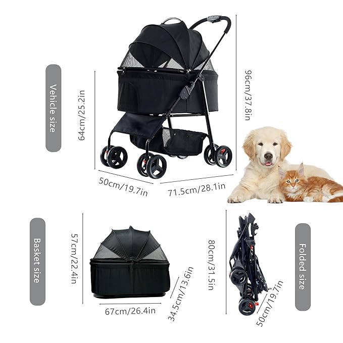 3-in-1 Pet Stroller for Small/Medium Dogs&Cats, 4 Wheels Lightweight Dog Stroller with Detachable Carrier, Storage Basket and Cup Holder, One-Click Folding Pet Travel Carrier for Car Seat & Hand Carry