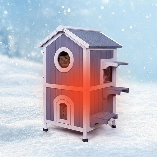 GEGURI Outdoor Cat House Winter-Proof, Two-Story Insulated Cat Shelter for Feral Cats with Thermal Layer, Removable Roof, Balcony & Escape Door, Weatherproof & Warm Shelter for Cats