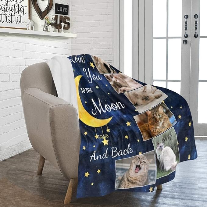 Custom Blanket with Photo, Personalized Love You to The Moon and Back Blankets Gifts with Picture for Family Mom Dad Friends Lover Pets for Birthday Wedding Christmas