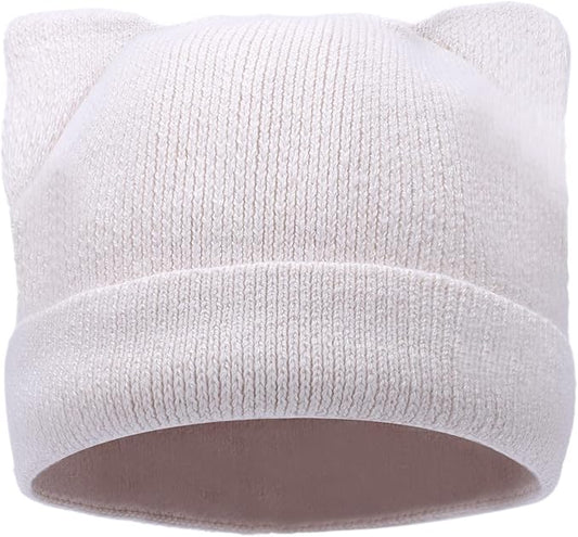 Cat Ear Beanie for Women Girls, Autumn Winter Knit Cuff Beanie Hip Hop Beanie Hat Cat Crochet Ski Cap