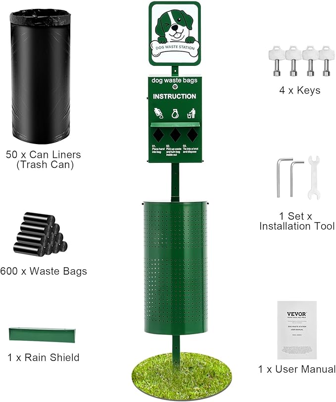 VEVOR Pet Waste Bin, 11.5 Gallon Dog Poop Station with 50 Liners & 600 Bags, Outdoor Dog Waste Disposal System