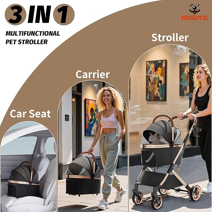 Pet Stroller with 4 Wheels, Dog Stroller with Detachable Carrier, One-Click Folding Pet Travel Carrier for Small, Medium Dogs Cats up to 50lbs, 3 in 1 Multifunctional (Black)