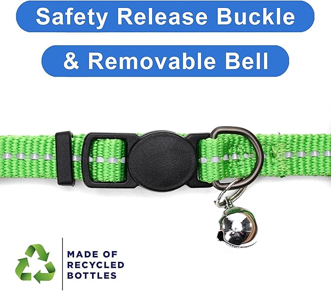 Pawtitas Recycled Cat Collar with Reflective Stitched and Safety Buckle Removable Bell Reflective Cat Breakaway Collar Made of Plastic Bottles Collected from Oceans - Green Cat Collar