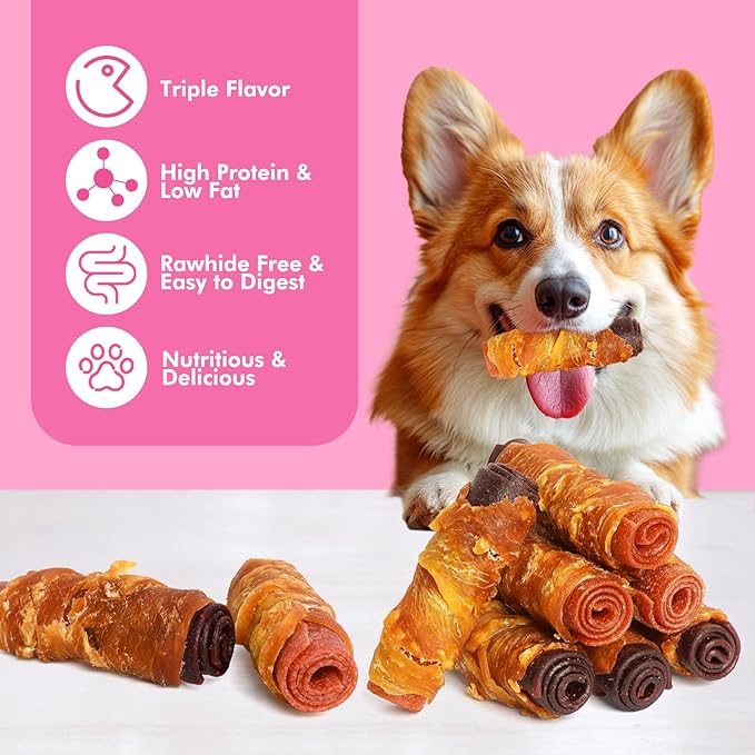 Dog Treats, Triple Flavor Chicken Duck Beef Meat Rolls, Rawhide Free Dog Snacks, Soft Treats for Small Dogs, 21.16 oz