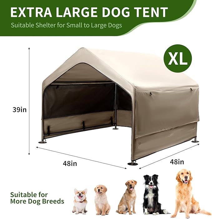 Summertrail Extra Large Dog House Outside, Dog Tent Outdoor, Big Dog Shade Shelter Doghouse Canopy with Three-Sided Mesh Windows, Sun Rain Cover for Pet Cat Livestock 4'x 4'x 3.3' Khaki