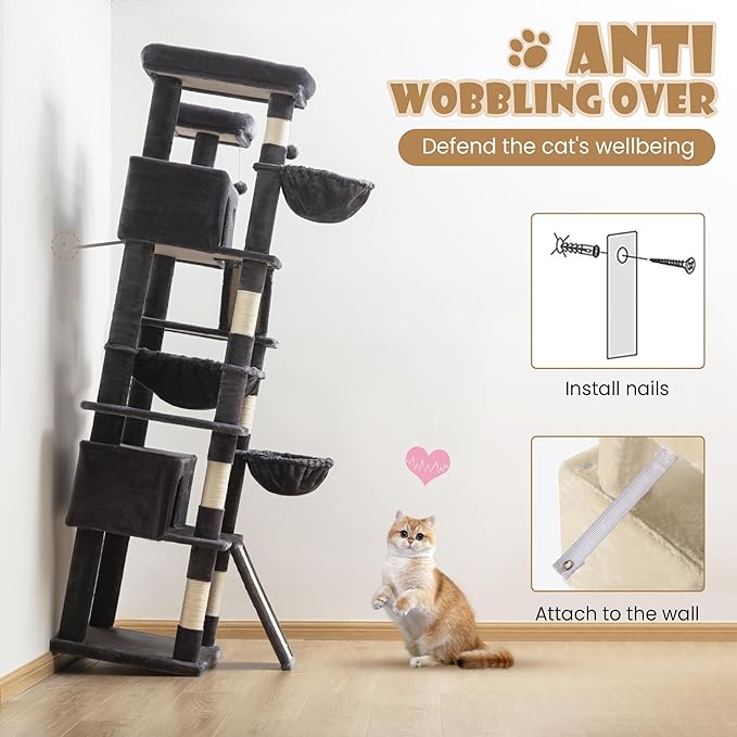 SHA CERLIN 81in Multi-Level Tall Cat Tree Tower for Indoor Kitties/Larger Cat Condo Furniture with Hammock/Cozy Pussycat Perches/Sisal Scratching Posts/Pet House/Wide Base/Dark Grey