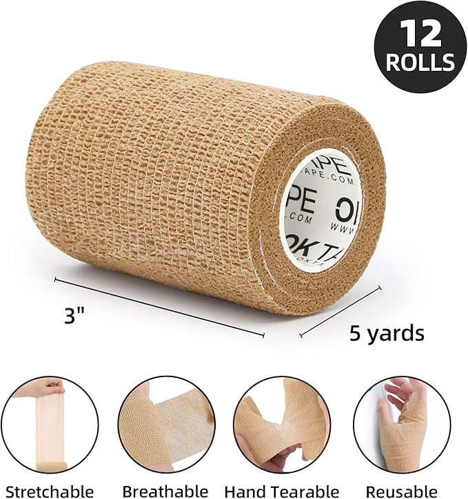 OK TAPE Self Adherent Cohesive Bandages Wrap - 12Packs, 3" x 5 Yards, Non-Woven Self Adhesive Bandage Wrap for Thumb, Finger, Wrist, Ankle, Vet Wrap Bandages Tape (Beige)