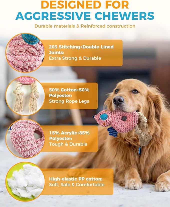 Crinkle Squeaky Dog Toys for Medium Dogs, Durable Plush Chew Toys for Aggressive Chewers, Interactive Tug of War Toy, Teething Gift to Keep Them Busy and Relieve Boredom (Pink Chick)