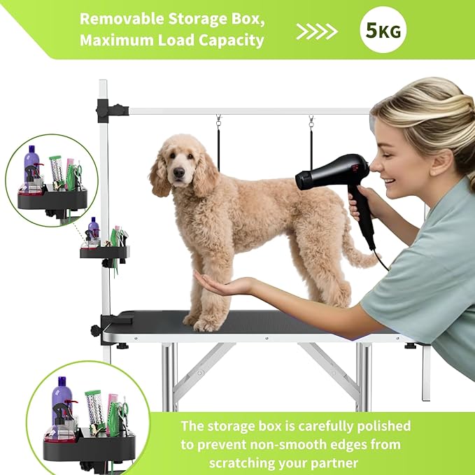 46" Large Dog Grooming Table, Non-Slip Tabletop with Adjustable Armrests, Lasso, Tool Organizer, Grid Tray, Foldable Home Pet Station, Maximum Weight Capacity 330 Ibs,Black