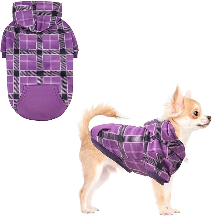 KOOLTAIL Plaid Dog Hoodie for Small Medium Large Dogs - Pet Clothes Sweater with Hat and Pocket for Cold Weather Winter, Warm Soft Dog Hooded Sweatshirt Coat Outfit for Puppy Cats Girls Boys Purple S