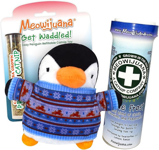 Meowijuana Get Waddled Bundle | Penguin Refillable Toy and Feline Frost Blend | Promotes Play and Cat Health | Includes North American Organic Catnip