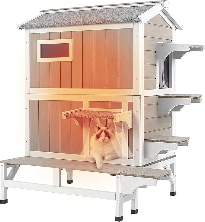 PetsCosset Outdoor Cat House Insulated Cat Houses Weatherproof Cat Shelter for 2-3 Cats with Escape Doors,Balcony,Openable Roof & Elevated Base 2 Story Wooden Warm Winter Home for Feral & Pet Cats