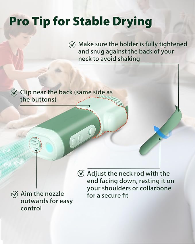 L&W BROS. 2-in-1 Pet Hair Dryer with Clamp Stand – Wearable & Hands Free Dog Grooming Dryer, 950W Low Noise Blower with 5 Heat & 3 Speed Settings, for Small to Medium Pets (Green)