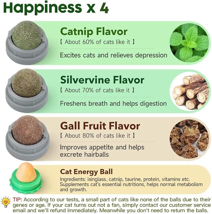 Potaroma Catnip Silvervine Balls 4 Pcs Extra Cat Energy Ball, Edible Kitten Lick, Teeth Cleaning Dental Chew Wall Treats for All Breeds (Grey)