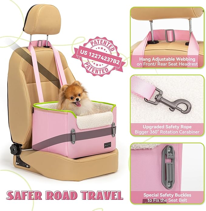 PETSFIT Small Dog Car Seat – Patented Safety Buckles – Safety Tether – Foldable Travel Cat Car Seat Reduces Anxiety & Road Trips – Stable Frame, Soft Cushion, Fits Front/Back Seat (Pink)