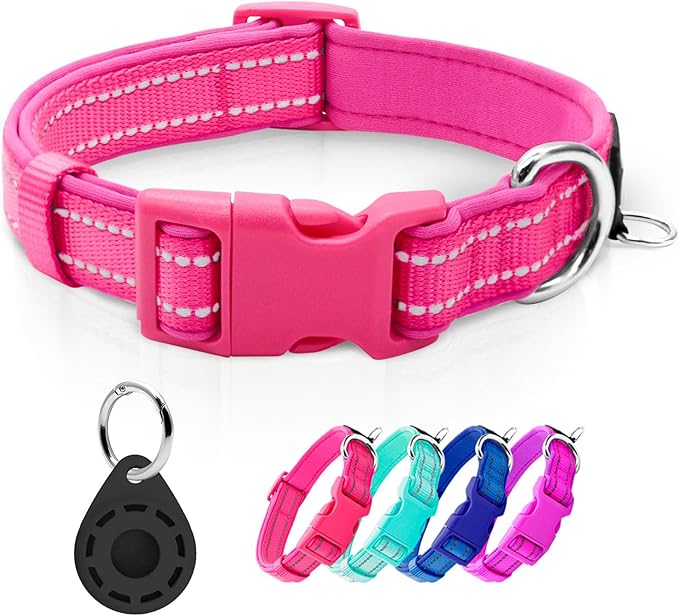 azuza Reflective Dog Collar with Airtag Holder, Soft Neoprene Padded Pet Collar with ID Tag Ring, Adjustable for Small Dogs,Hot Pink,S
