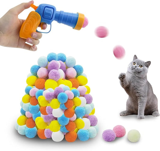 Andiker Cat Toy Balls Set, 30pcs Plush Cat Pom Pom Balls&a Plastic Launcher Set for Kitten Catch&Fetch Interactive Cat Toy with Colorful&Soft Cat Balls for Indoor Cats to Keep Fit (Blue 100balls)