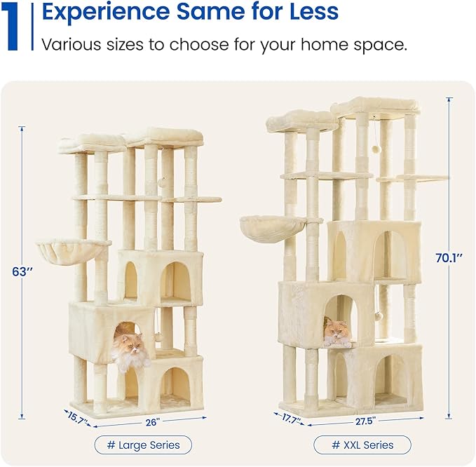 MWPO Large Cat Tree for Indoor Cats, 63-inch Cat Tower with 3 Cat Condos, Scratching Posts, Padded Perches, Hammock, Dangling Toys, Beige