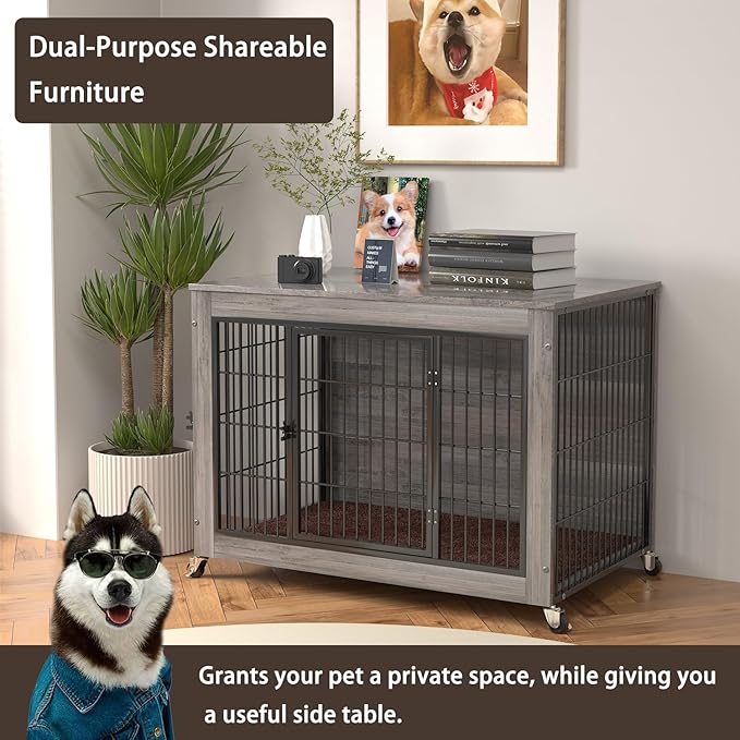 Dog Crate Furniture with Cushion,38" Wooden Dog Crate nightstand with Double Doors, Grey Kennel Indoor with Wheels, Decorative Pet House for Medium Large Dog