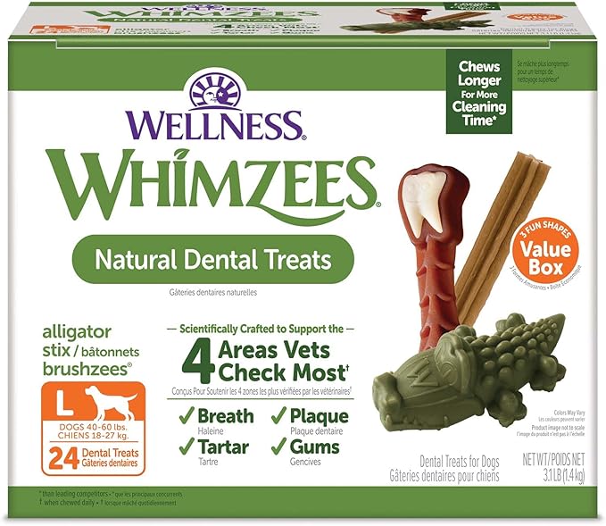 Wellness WHIMZEES Value Box Dog Dental Treats, Natural Chews, Large Size, (24 Count)