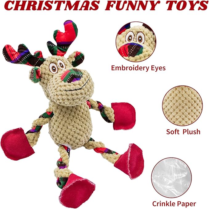 Christmas Squeaky Dog Toys- Interactive Plush Toys with 5 Squeakers- Stuffed Dog Toys for Medium & Large Breeds- Reducing Boredom and Relieving Anxiety (Elk)