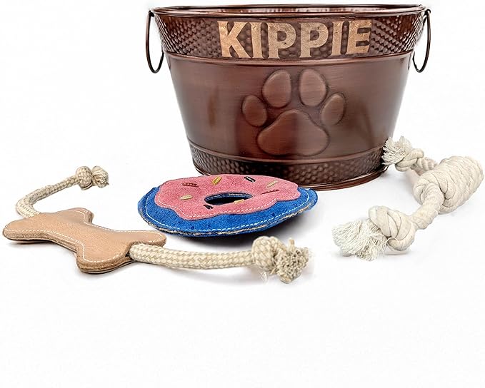 Personalized Metal Dog Toy Bin + 3 Toy Combo Set - Copper Galvanized Storage Bin with Handles, Basket for Pet Toys, Dog Toy Box, Pet Storage - Custom Dog Name Gift (Small - Copper)