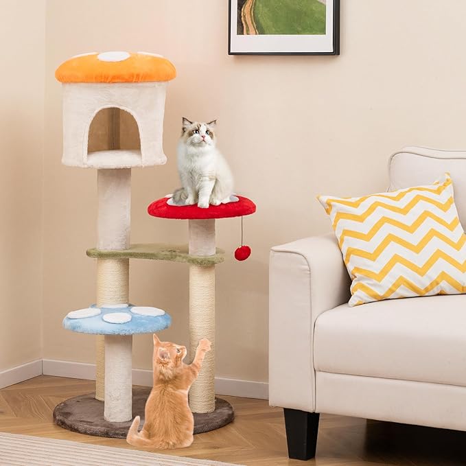 PETSITE Mushroom Cat Tree, Multi-Level Cute Cat Tree Tower with Sisal Scratching Posts, Cat Condo, Soft Plush Perches, and Dangling Toys for Indoor Cats (48 Inch)