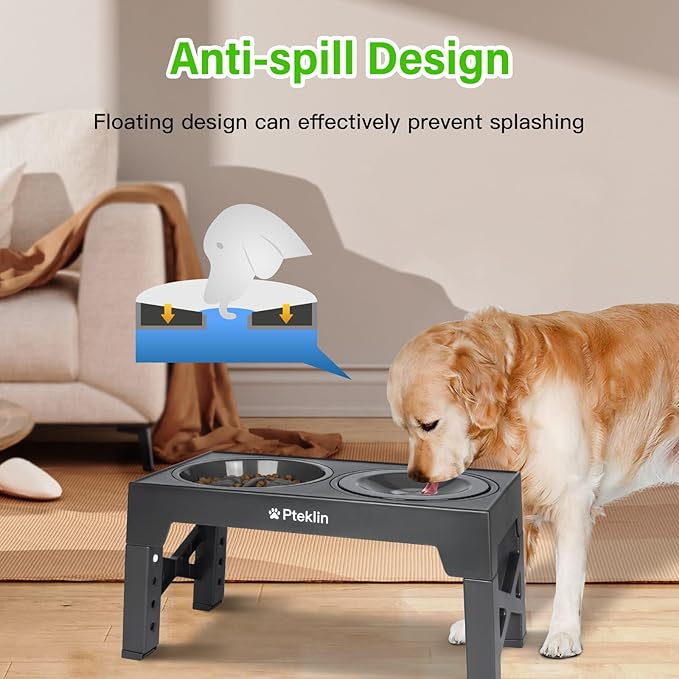 Elevated Dog Bowls, 5 Height Adjustable Raised Bowl with Anti Spill Non-Skid No Shaking Water Bowl and Slow Feeder Dog Bowls Stand for Small Medium Large Dogs