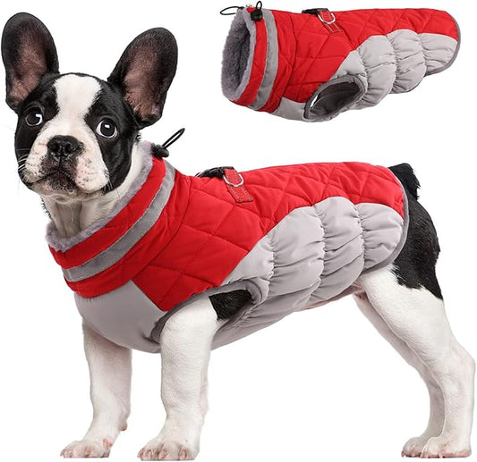 FUAMEY Dog Coat for Small Dogs,Waterproof Dog Winter Jacket with Harness Built in Puppy Cold Weather Coats Reflective Pet Vest with Zipper Warm Fleece Dogs Snowsuit Windproof Red XS