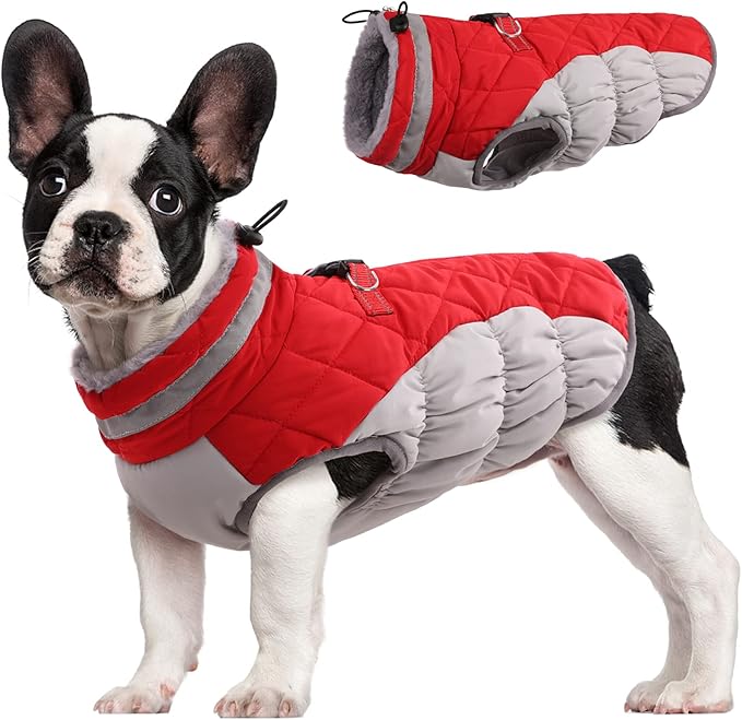 FUAMEY Dog Coat for Small Dogs,Waterproof Dog Winter Jacket with Harness Built in Puppy Cold Weather Coats Reflective Pet Vest with Zipper Warm Fleece Dogs Snowsuit Windproof Red S