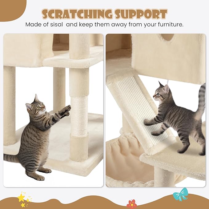 SHA CERLIN 81in Multi-Level Tall Cat Tree Tower for Indoor Kitties/Larger Cat Condo Furniture with Hammock/Cozy Pussycat Perches/Sisal Scratching Posts/Pet House/Wide Base/Beige