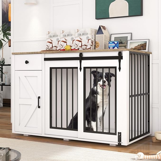 Verano Garden 44" Dog Crate, 2-in-1 Furniture-Style Dog Crate with Storage Drawer & Cabinet, Heavy Duty Dog Kennel Dog Cage Indoor for Small Medium Dogs, White (44" Left Facing Door)