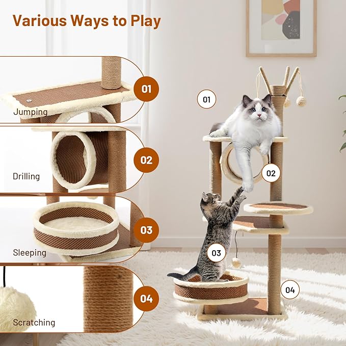 Modern Rattan Cat Tree House Condo Tall Heavy Duty Cat Climbing Tower with Scratching Post,Basket,Bed,and Stand for Indoor Large Adult Cat