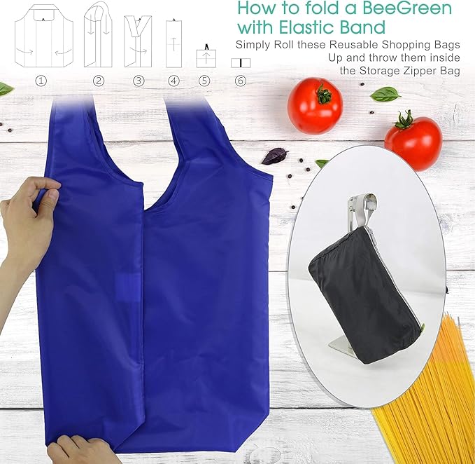 BeeGreen 20 Pack Reusable Grocery Bags w Storage Pouch Reusable Shopping Bags Bulk w Elastic Band Colorful 50LBS X-Large Foldable Fabric Bags Machine Washable Heavy Duty Tote Bags for Groceries