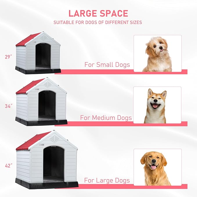 LEMBERI Durable Waterproof Plastic Dog House for Small to Large Sized Dogs, Indoor Outdoor Doghouse Insulated Puppy Shelter with Elevated Floor, Easy to Assemble (Red with Liner, 42''L*38''W*39''H)