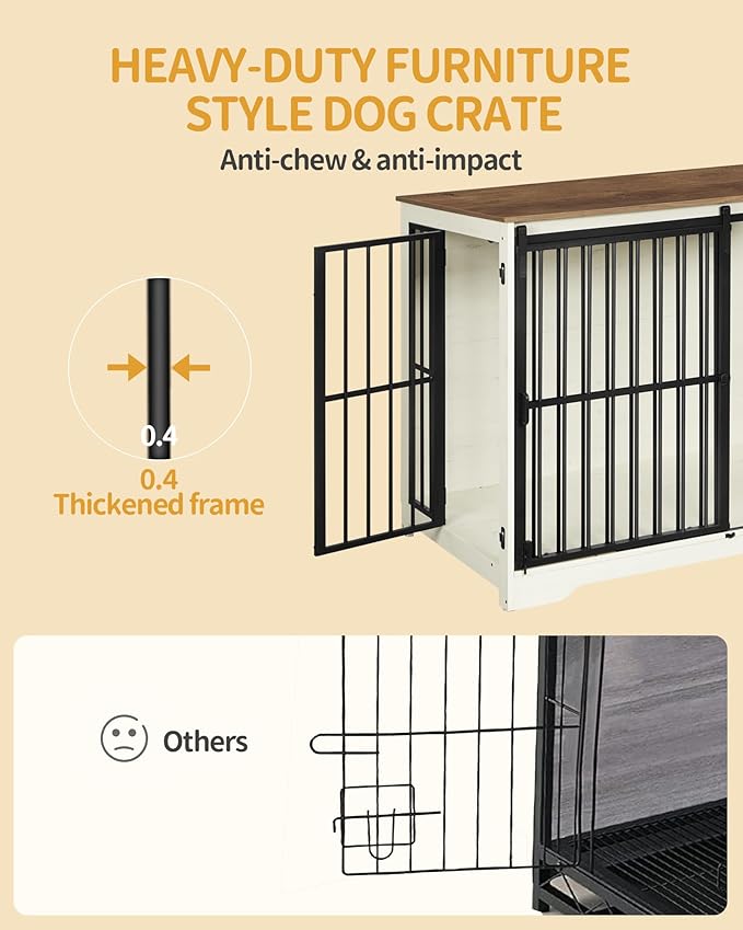 XXL Large Dog Crate Furniture, 46.9" Indoor Dog Kennel Furniture with Barn Door, Wooden Tall Dog Crate, Heavy Duty Dog Cage for Large Dogs, Side End Table, Anti-Chew, White Brown DFC83814B