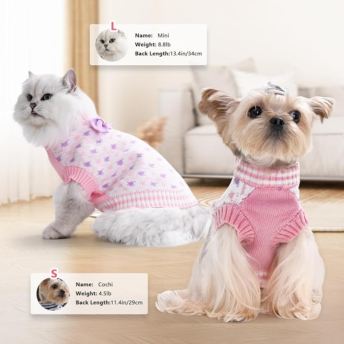 Dogs Sweater for Extra-Small Dog Girls, Soft Puppy Halloween Christmas Clothes Winter Weather Pet Outfit for Doggie Kitten Small XXS XS Cat Sweaters Apparel (Pink, S)