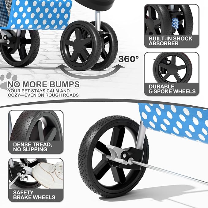 MoNiBloom 3 Wheels Pet Dog Cat Stroller for Small Medium Dogs Cats, Foldable Jogger Stroller w/Storage Basket and Cup Holder, Sky Blue Polka Dots