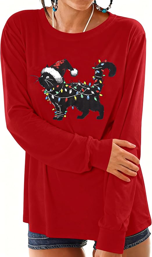 JINTING Cat Shirts for Women - Loose Fit Lightweight Long Sleeve Graphic Tee Fall Printed Crewneck Blouse Casual Tops