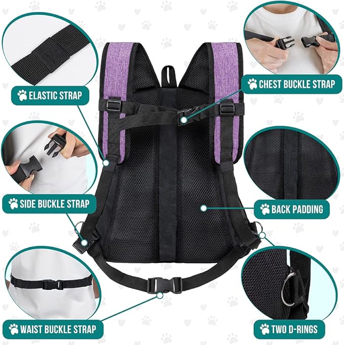 PetAmi Adjustable Cat & Dog Chest Carrier Backpack, Ventilated for Hiking & Camping, Max 15 lbs, Purple