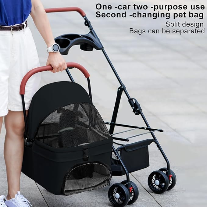 Pet Stroller Pram Dog Carrier Trailer 4 Wheels Foldable Dog with Storage Basket,Holds up to 44 lbs,Adjustable Handle,Folding Travel Stroller Suitable for Traveling with Cats and Dogs (Black)