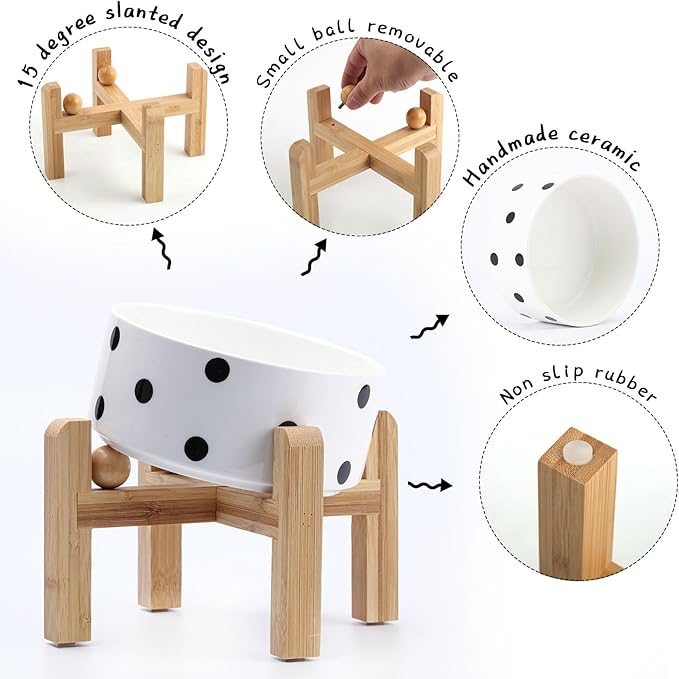 Petygooing Elevated/Raised 15°Slanted Ceramic Dog Bowl for Small and Medium Breeds, Tilted Anti Slip Pet Feeding Bowl,Food Water Dish with Stand for Cats and Dogs (28 OZ/3.6 Cups) Black Dot