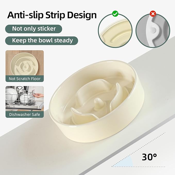 Ceramic 0.9 Cup Raised Dog Slow Feeder Set, Elevated Bowl with Wooden Stand for Small Dog and Cat, 6.1inch Puzzle Slow Dog Food Dish, Anti-Gulping(Beige, Single Bowl+ Stand)