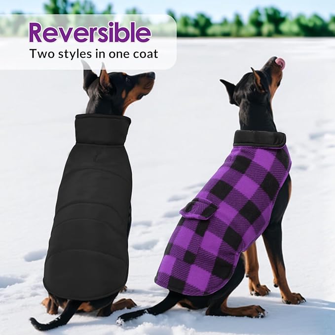 ASENKU Dog Jacket Plaid Reversible Reversible Dog Vest Waterproof Cold Winter Clothes Pet Apparel for Small Medium Large Dogs (XS, Purple)