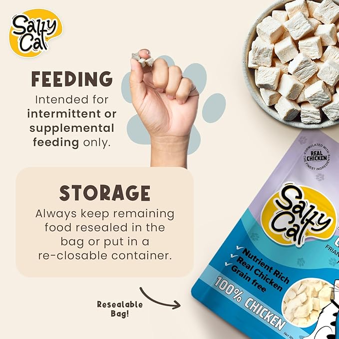 Salty Cat Freeze Dried Cat Treats, 100% Real Chicken Breast Dried Cat Food for Freshness, Single Ingredient & Grain Free Kitten Treats, Nutrient Rich, 10g (12 Pack)