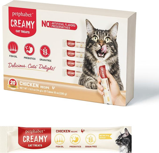 PETPHABET Lickable Cat Treats, Creamy Puree Wet Kitten Treats Chicken Recipe, Squeezable Paste Cat Snacks, Grain-Free Kitty Treat, High Protein Squeeze Up Tubes for Cats (0.5 oz x 20 Counts)