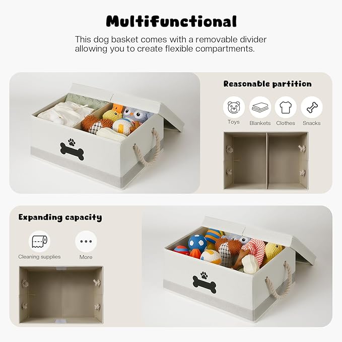 Dog Toy Basket with Double-Open Lid, Divided Dog Basket for Toys, Collapsible Pet Toy Box, Dog Storage Organizer with 2 Divided Area, Puppy Toy Baskets with Rope Handles, Beige & Gray