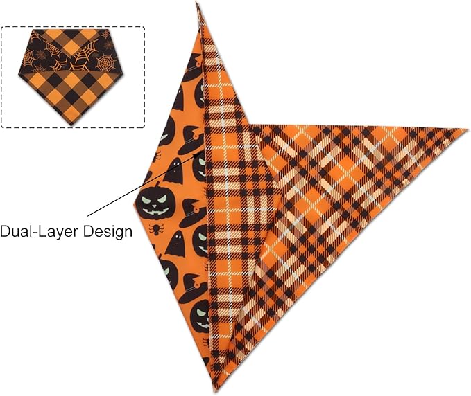 2PCS Thanksgiving Dog Bandanas,Fall Dog Bandanas,One Side Orange Plaid,The Other Side Pumpkin or Spider Web Bibs,Holiday Pet Scarf for Boy and Girl Dogs,Halloween Pet Outfit for Medium to Large Dogs